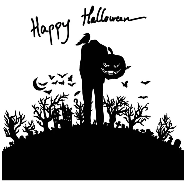 Hombre sin cabeza con la calabaza de Halloween de pie en el cementerio silueta vector ilustración boceto garabato mano dibujada con líneas negras aisladas sobre fondo blanco — Vector de stock