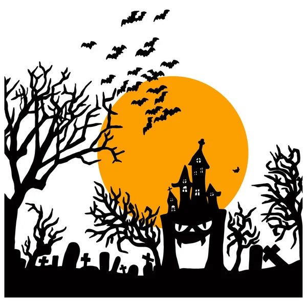 Noche de Halloween con castillo espeluznante en el cementerio con gran vector de la luna amarilla ilustración bosquejo garabato mano dibujada con líneas negras aisladas — Vector de stock