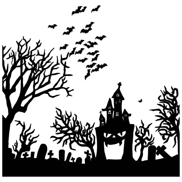 Noche de Halloween con castillo espeluznante en el cementerio vector ilustración boceto garabato mano dibujada con líneas negras aisladas — Archivo Imágenes Vectoriales