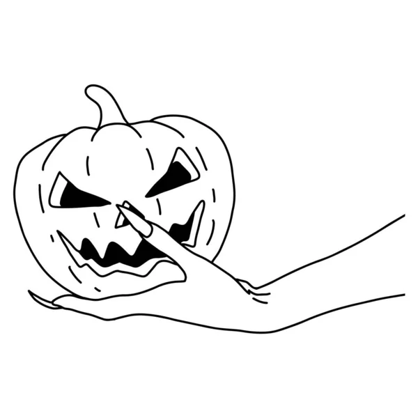 Tangan iblis dengan kuku panjang memegang gambar vektor Hallowen pumpkin gambar gambar tangan corat-coret digambar dengan garis hitam diisolasi pada latar belakang putih - Stok Vektor