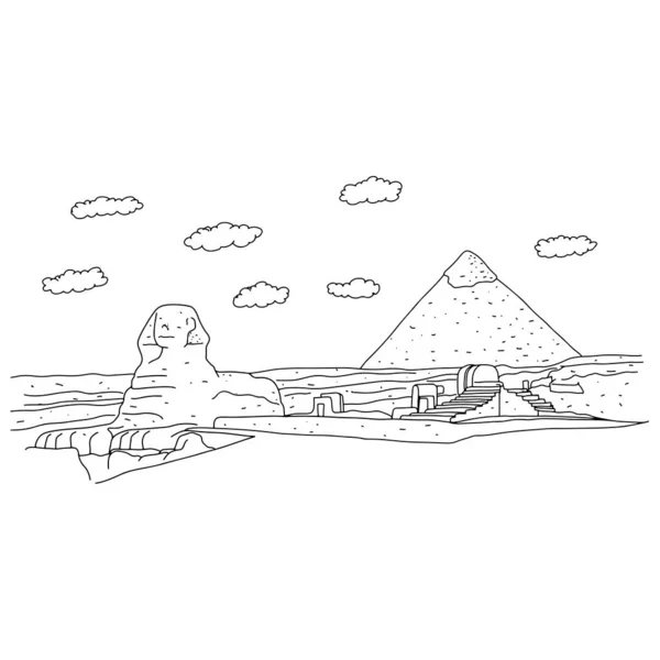 Sfinks i piramidy w Gizie Egiptu wektor ilustracji szkic doodle strony rysowane z czarnych linii izolowanych na białym tle. Koncepcja podróży i turystyki. — Wektor stockowy