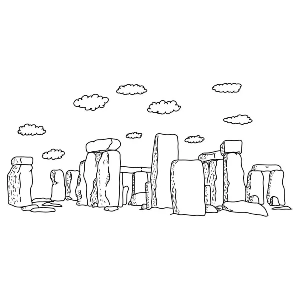 Stonehenge με σύννεφα εικονογράφηση διάνυσμα σκίτσο doodle χέρι που με μαύρες γραμμές που απομονώνονται σε λευκό φόντο. Έννοια ταξιδιών και τουρισμού. — Διανυσματικό Αρχείο