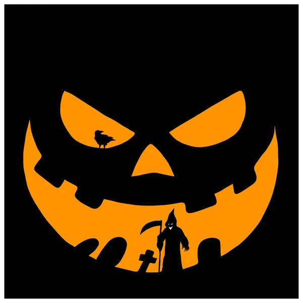 Cara amarilla de calabaza de Halloween con diablo y crow vector ilustración boceto garabato mano dibujada con líneas negras aisladas sobre fondo blanco — Vector de stock