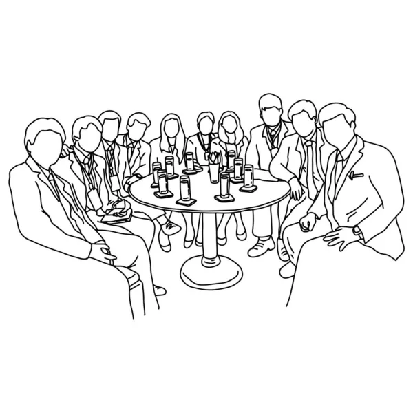 many business people sitting on the same table vector illustration sketch doodle hand drawn with black lines isolated on white background. Teamwork business concept.