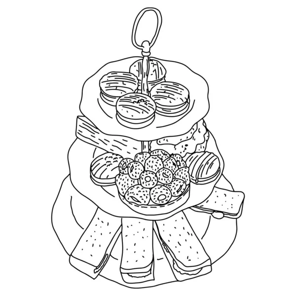 Makaron i słodycze na naczyniach wektor ilustracja szkic doodle strony rysowane z czarnymi liniami izolowane na białym tle — Wektor stockowy
