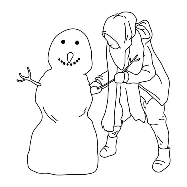 Moslim meisje met hijab maken sneeuwpop vector illustratie schets doodle hand getekend met zwarte lijnen geïsoleerd op witte achtergrond — Stockvector