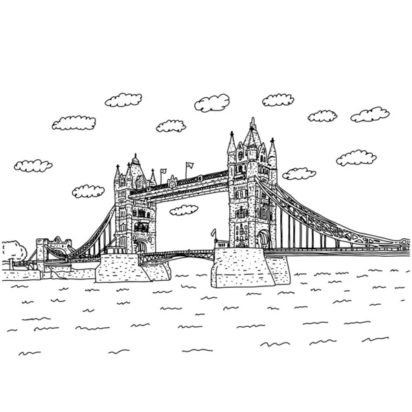 London Tower Bridge avec nuages vectoriel illustration croquis gribouillage dessiné à la main avec des lignes noires isolées sur fond blanc. Site européen . — Image vectorielle