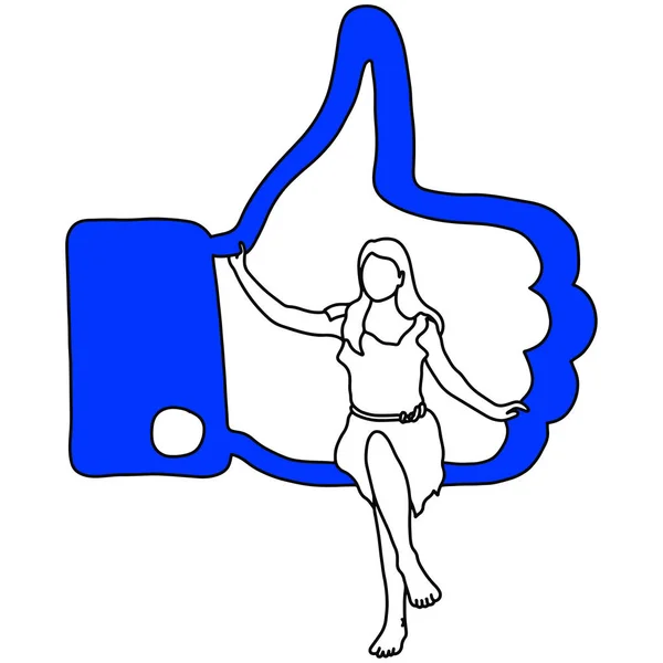 Mulher sentada em azul grande polegar para cima sinal vetor ilustração esboço doodle mão desenhada com linhas pretas isolado no fundo branco —  Vetores de Stock