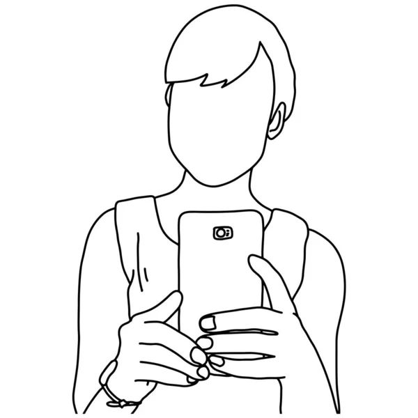 Mujer utilizando el teléfono móvil vector ilustración bosquejo garabato mano dibujada con líneas negras aisladas sobre fondo blanco — Vector de stock