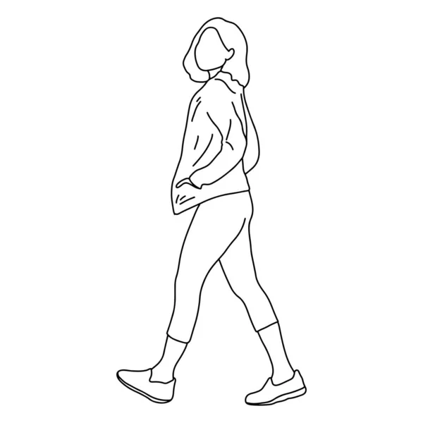 Volledige lengte van de vrouw lopen van rechts naar links vector illustratie schets doodle hand getekend met zwarte lijnen geïsoleerd op witte achtergrond — Stockvector