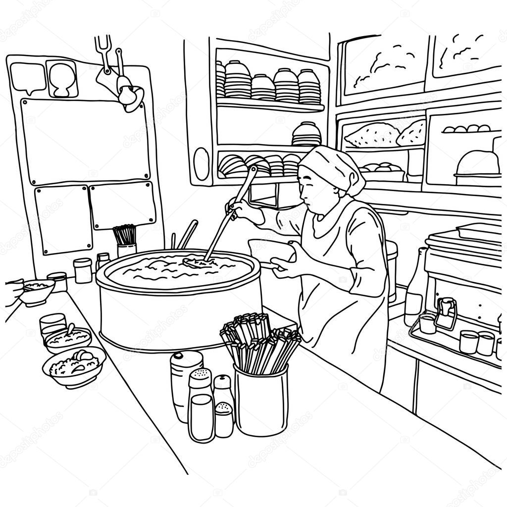 old female chef making ramen noodles in in Japanese restaurant vector illustration sketch doodle hand drawn with black lines isolated on white background.