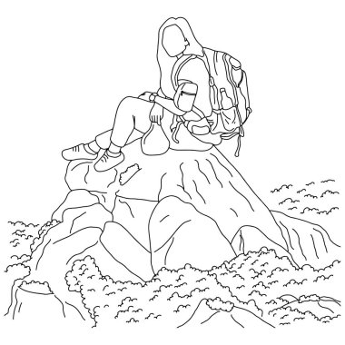 Sırt çantalı kadın, dağ vektörü çiziminin tepesinde oturuyor. Beyaz arkaplanda siyah çizgiler çizilmiş.