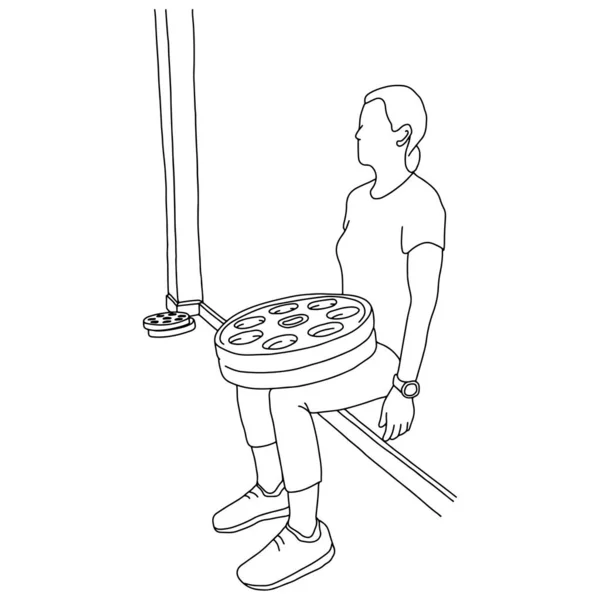 Kvinna med hjälp av utrustning i gym vektor illustration skiss klotter hand dras med svarta linjer isolerad på vit bakgrund — Stock vektor