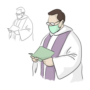 Cerrahi maskeli ve gözlüklü rahip ya da papaz, Covid-19 durum vektör illüstrasyonunda cenaze töreni düzenliyor.