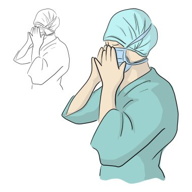 Doktor cerrahi maske takıyor ve koruyucu baş vektör illüstrasyonunu kapsıyor.