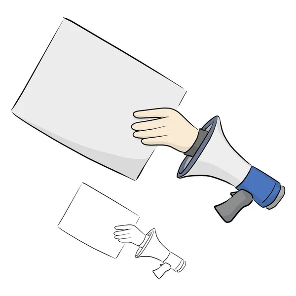 Рука Бизнесмена Мегафона Пустым Бумажным Векторным Рисунком Нарисованным Белом Фоне — стоковый вектор