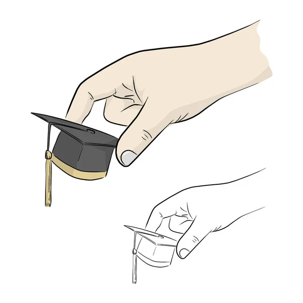 用白色背景上孤立的黑线绘制的带有小毕业帽矢量插图涂鸦手绘的特写赫顿 — 图库矢量图片