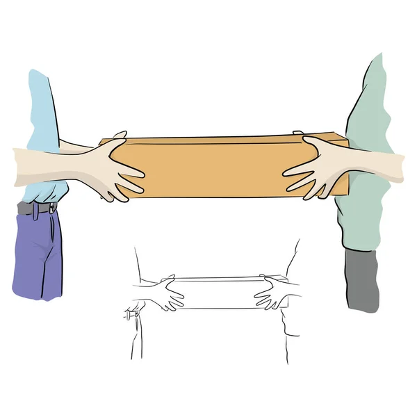 Κοντινό Χέρι Δύο Ανθρώπων Που Κρατούν Μακρύ Κουτί Αντίγραφο Χώρο — Διανυσματικό Αρχείο