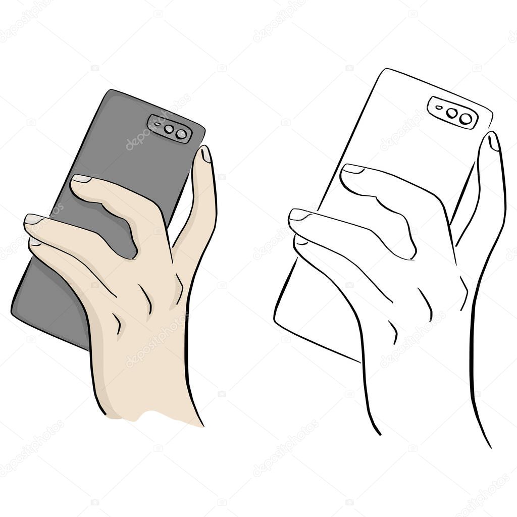 Male hand holding and touching on back side mobile smartphone vector illustration sketch doodle hand drawn with black lines isolated on white background