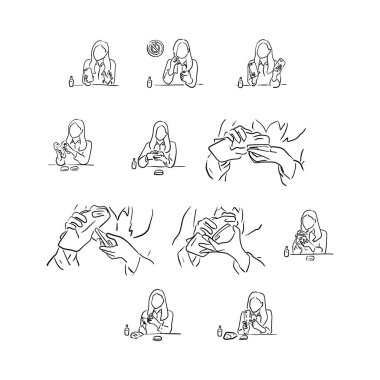 Beyaz arkaplanda siyah çizgiler çizilmiş Covid-19 virüs taşıyıcı illüstrasyonunu önlemek için akıllı telefonun adım adım temizlenmesi