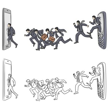 Eski cep telefonundan akıllı telefon vektör illüstrasyonuna koşan işadamı, beyaz arka planda izole edilmiş siyah çizgilerle çizilmiş karalama çizimi çiziyor. İş ve teknoloji kavramı.