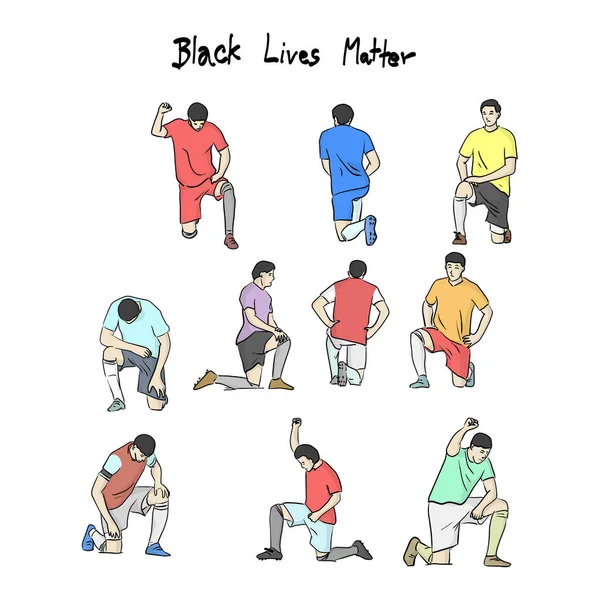 Set Soccer Player Taking Knee Protest Racism Police Brutality Black — Vetor de Stock