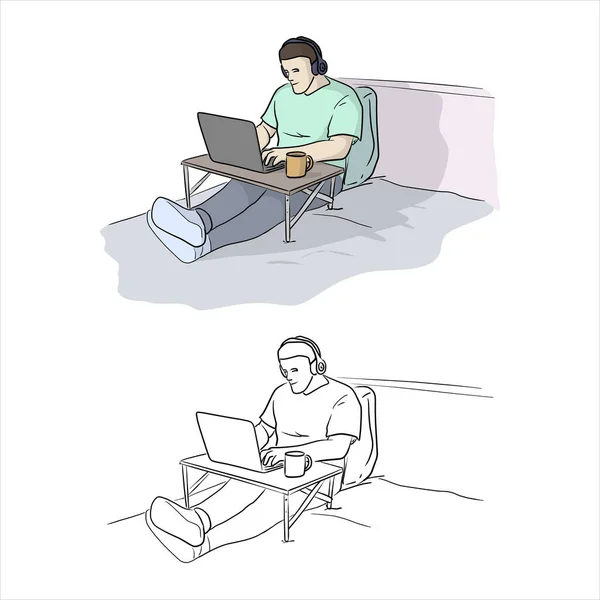 Freelancer Masculino Usando Laptop Estudiando Haciendo Red Cama Casa Con — Vector de stock