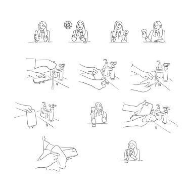 Kadın, Covid-19 vektör çizimini önlemek için akıllı telefonu adım adım temizliyor. Beyaz arkaplanda izole edilmiş siyah çizgiler çizilmiş bir el çizimi çiziyor.