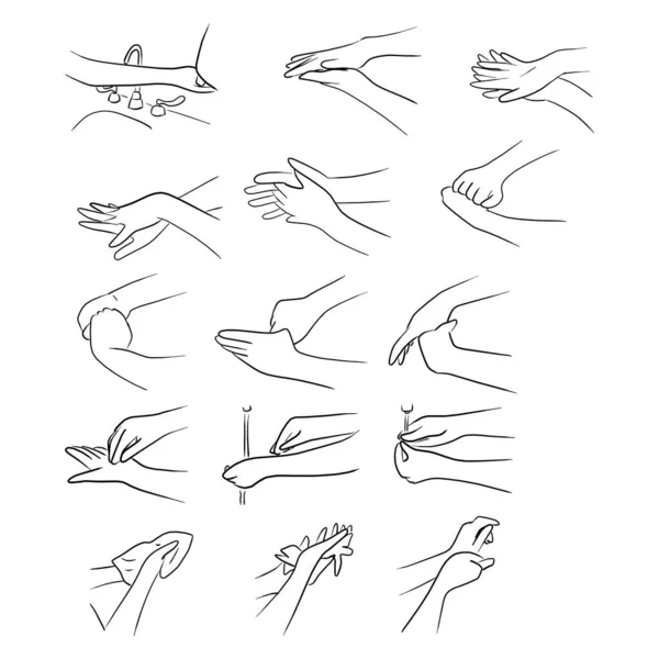 手を洗うの手順ベクトル図白い背景に黒い線で描かれた落書きの手 — ストックベクタ