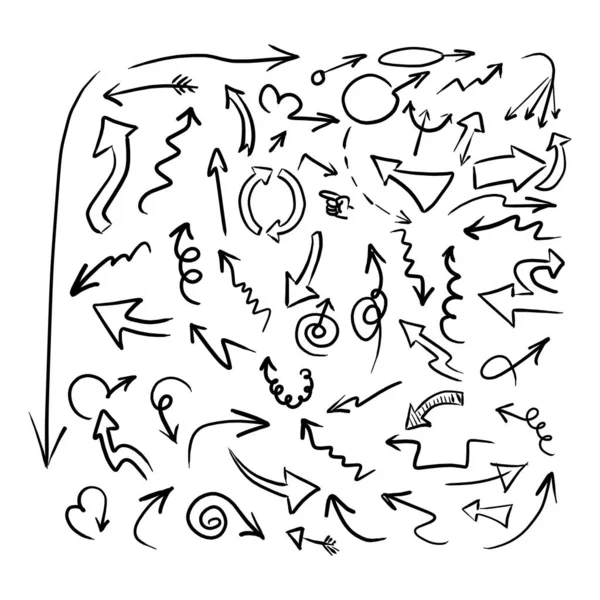 白い背景に黒い線で描かれた異なる形状のベクトル図の落書きの手に設定されている矢印 — ストックベクタ