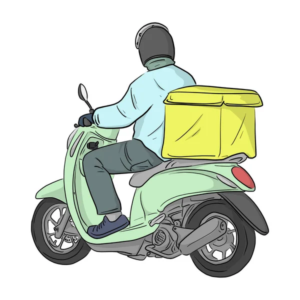 Colorido Repartidor Hombre Caballo Motocicleta Con Caja Ilustración Vectorial Posterior — Archivo Imágenes Vectoriales