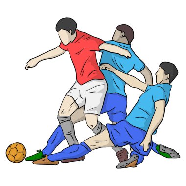 Futbol oynayan üç futbolcu, beyaz arka planda izole edilmiş siyah çizgilerle çizilmiş bir çizim çiziyor.