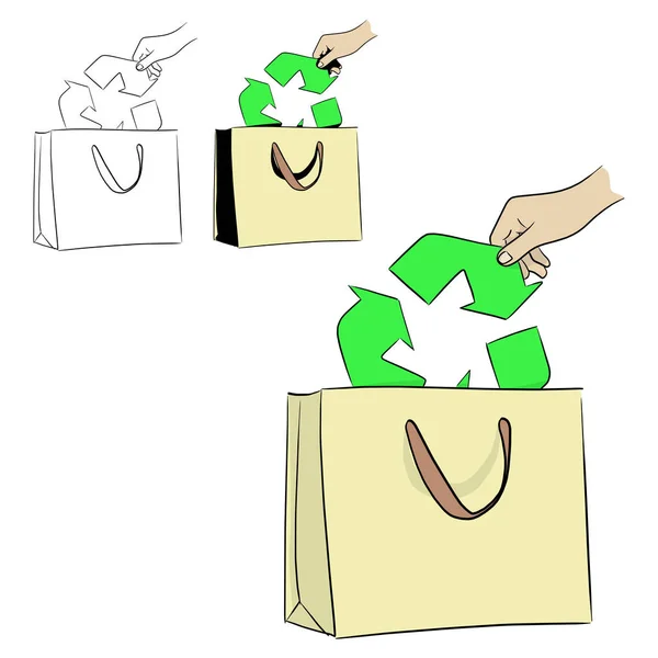 Hand Van Vrouw Zet Recycle Teken Boodschappentas Vector Illustratie Schets — Stockvector