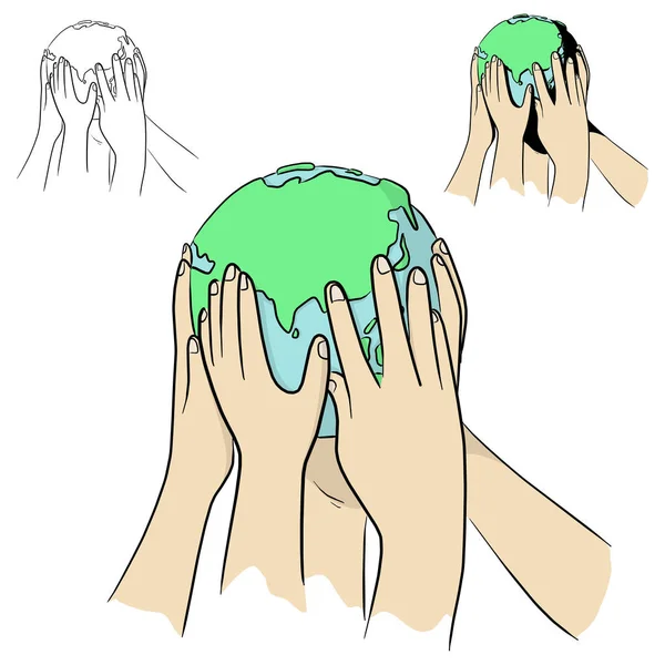 Peuple Monde Tenant Globe Vectoriel Illustration Croquis Gribouille Dessiné Main — Image vectorielle