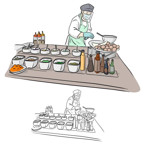Šéfkuchař Obličejem Štít Vaření Potravin Restauraci Vektorové Ilustrace Náčrtek Ručně — Stockový vektor