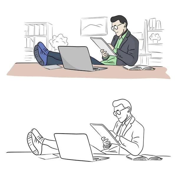 Businessman Using Tablet Laptop Computer Leg Table Vector Illustration Sketch — Stock Vector