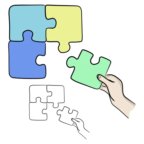 Hands Holding Jigsaw Puzzles Vector Illustration Sketch Doodle Hand Drawn — Stock Vector