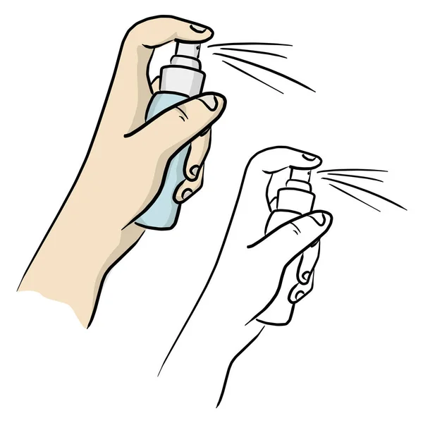 Nahaufnahme Hand Hält Und Sprüht Händedesinfektionsmittel Covid Virus Vektor Illustration — Stockvektor