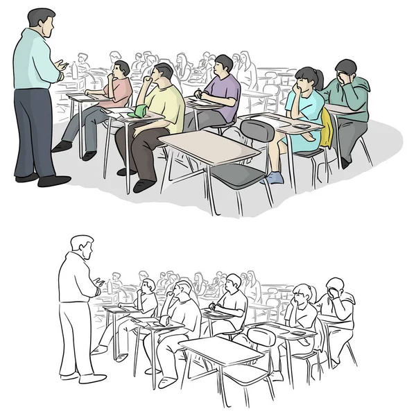 Młodzi Ludzie Siedzący Przy Stolikach Słuchający Wykładu Klasie Wektor Ilustracja — Wektor stockowy