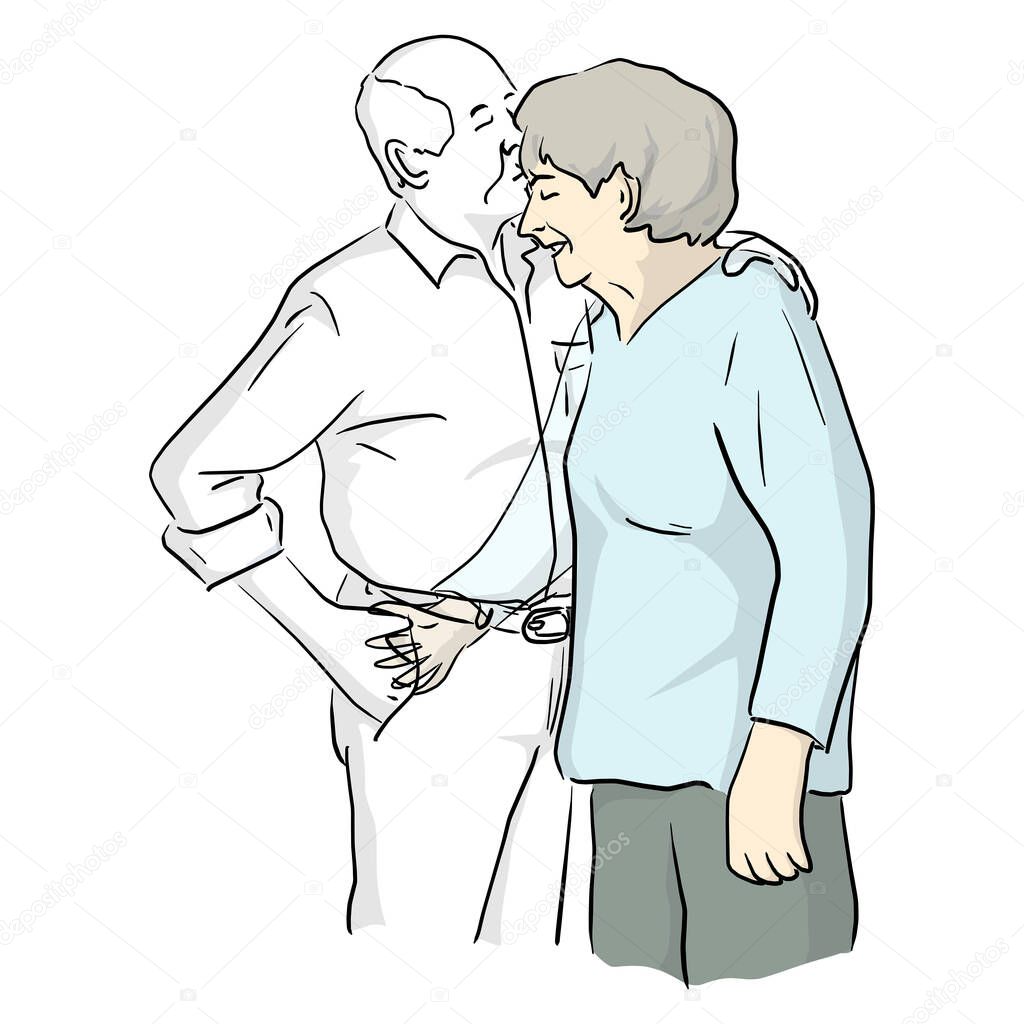 old woman hugging his dead transparent husband vector illustration sketch doodle hand drawn with black lines isolated on white background