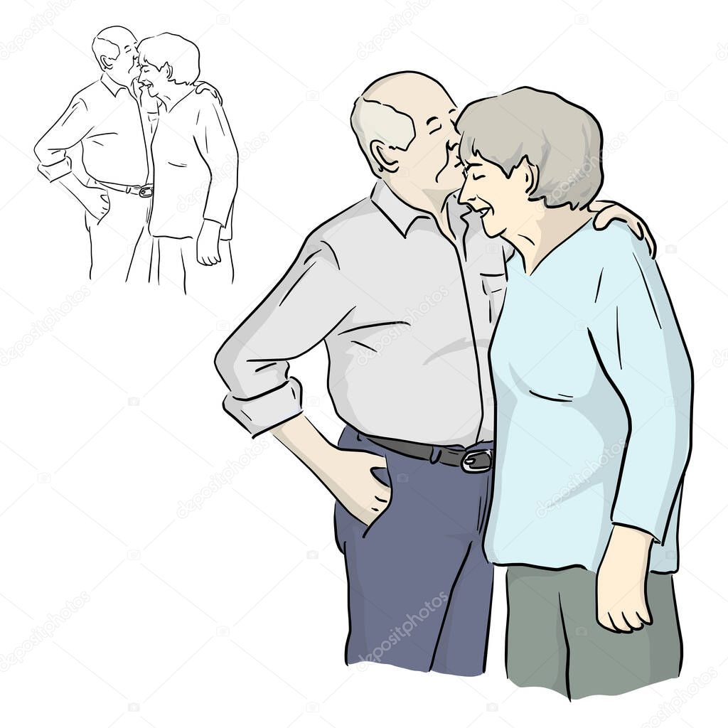 old husband kissing his wife on her forehead vector illustration sketch doodle hand drawn with black lines isolated on white background