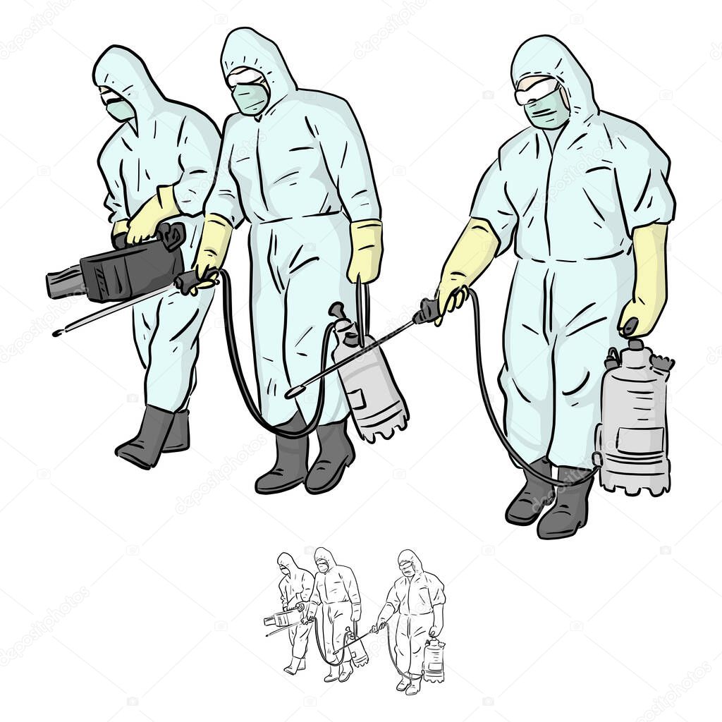 three specialists in protective suit spraying disinfectant to cleaning and disinfect virus, Covid-19, Coronavirus, preventive measure