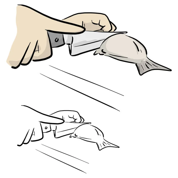 Nahaufnahme Hand Mit Messer Schneiden Fisch Vektor Illustration Skizze Doodle — Stockvektor
