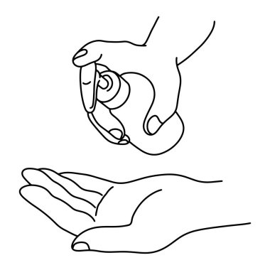 Dezenfekte etmek ve Covid-19 virüs vektör illüstrasyonunu önlemek için dezenfekte edici el sıkma jeli şişesi. Beyaz arka planda siyah çizgiler çizilmiş karalama çizimi.