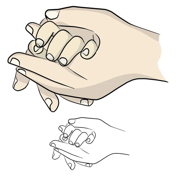 Mão Close Mãe Segurando Seu Pequeno Vetor Criança Ilustração Esboço — Vetor de Stock