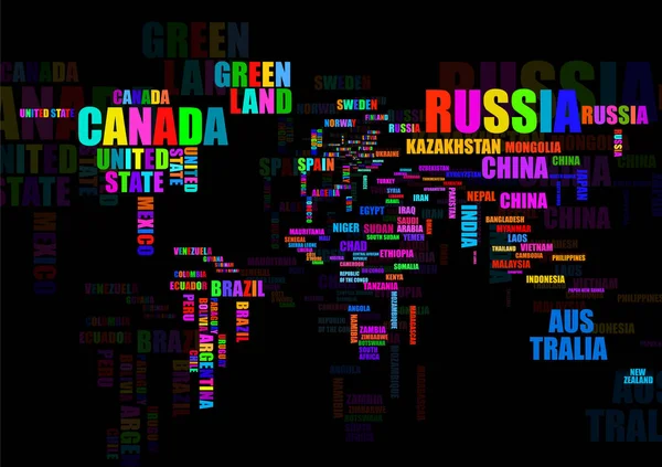 Tipografi renkli Dünya Haritası ülke adları ile — Stok Vektör