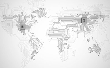 Soyut Dünya Haritası ile cpu. Devre kartı. Teknolojik altyapı. Vektör çizim. EPS 10
