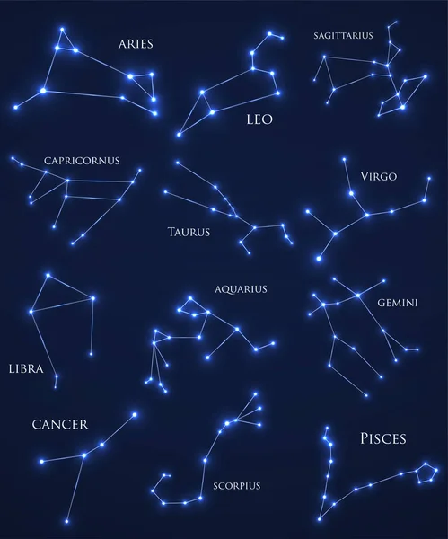 Zestaw Konstelacji Zodiaku Zestaw Horoskop Baran Leo Sagitarius Koziorożec Byk — Wektor stockowy