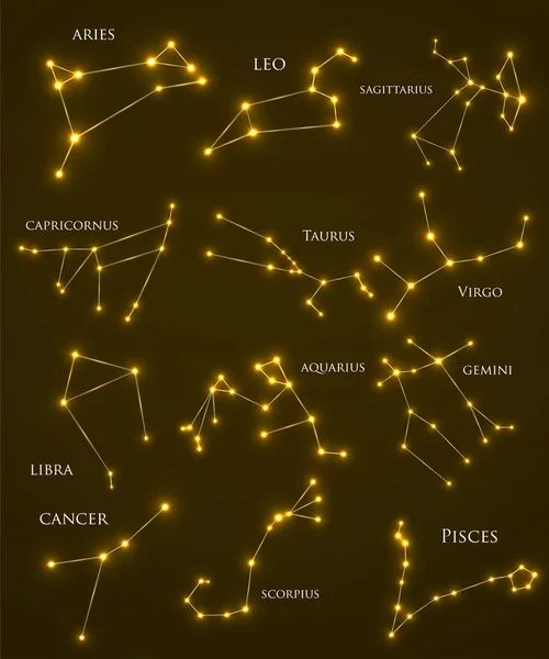 Uppsättning Zodiakens Stjärnbilder Horoskop Set Väduren Leo Sagitarius Stenbocken Taurus — Stock vektor