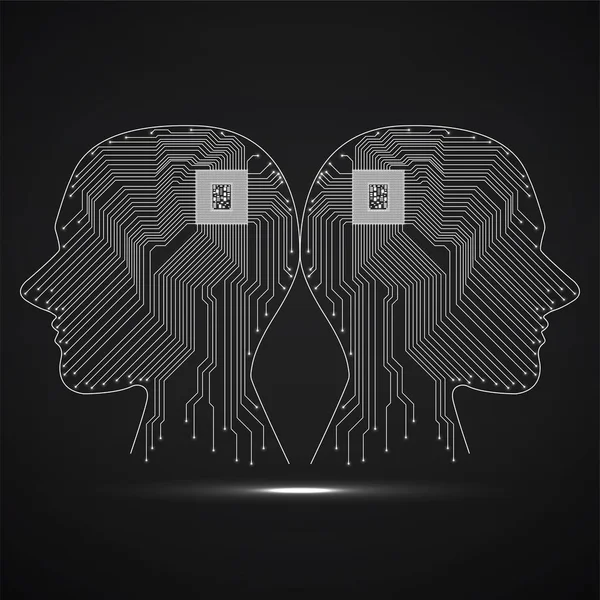 Neon astratto due testa umana con cpu, circuito stampato — Vettoriale Stock